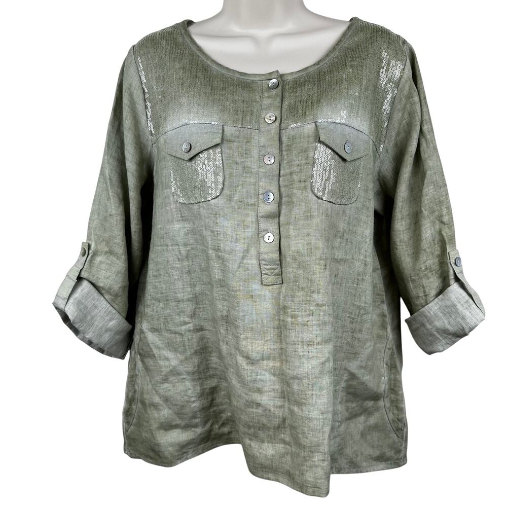 Soft Surroundings Blouse Top Linen Embellished Opal Buttons 3/4 Sleeve Green Med